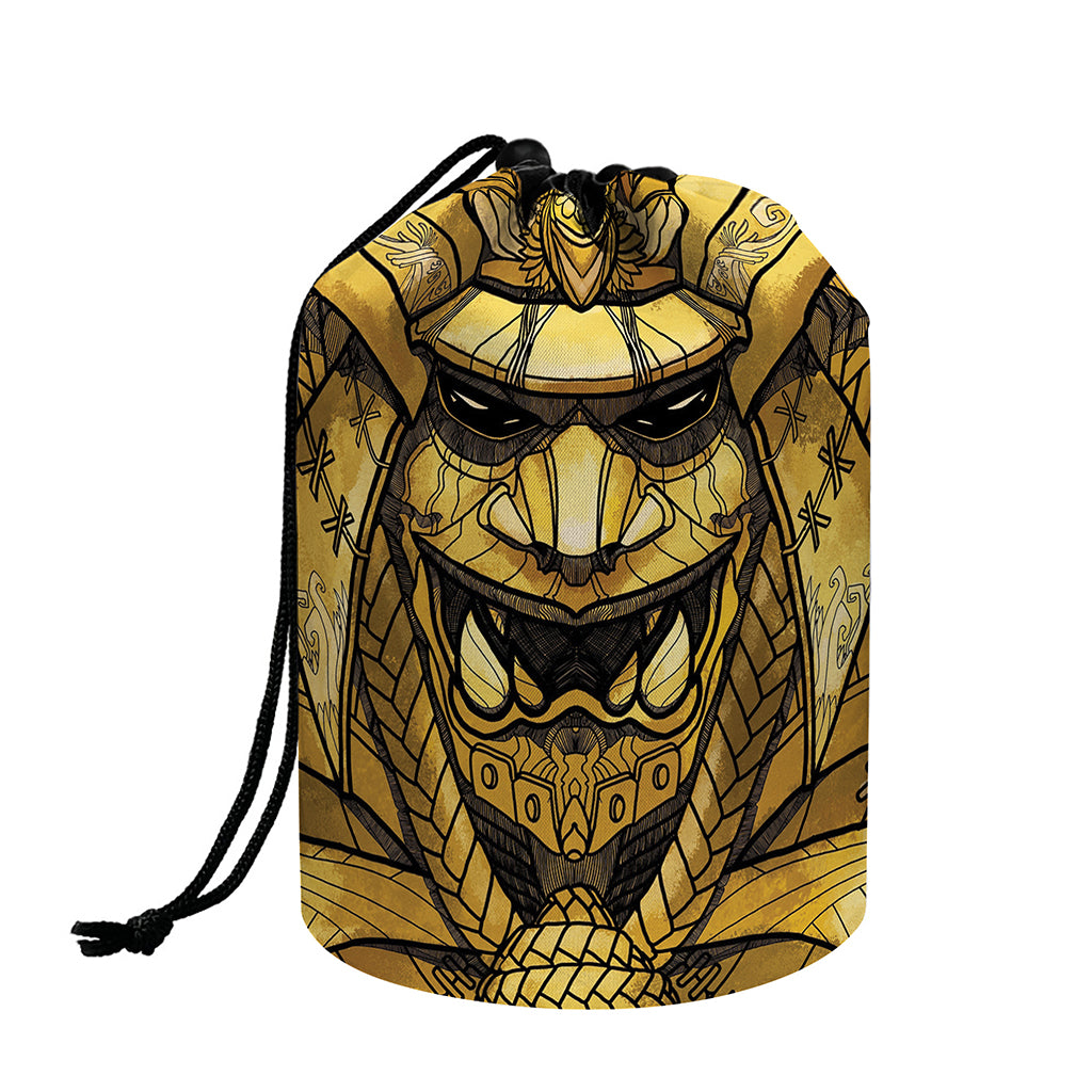 Gold Samurai Mask Print Drawstring Makeup Bag