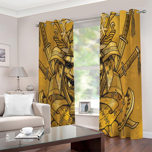 Gold Samurai Mask Print Extra Wide Grommet Curtains