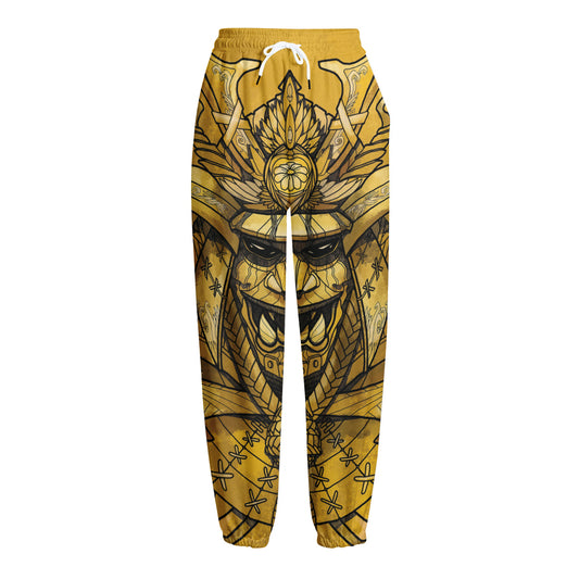 Gold Samurai Mask Print Fleece Lined Knit Pants