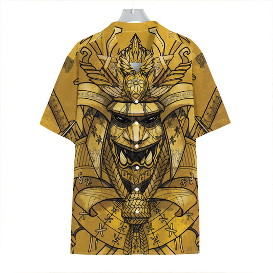 Gold Samurai Mask Print Hawaiian Shirt