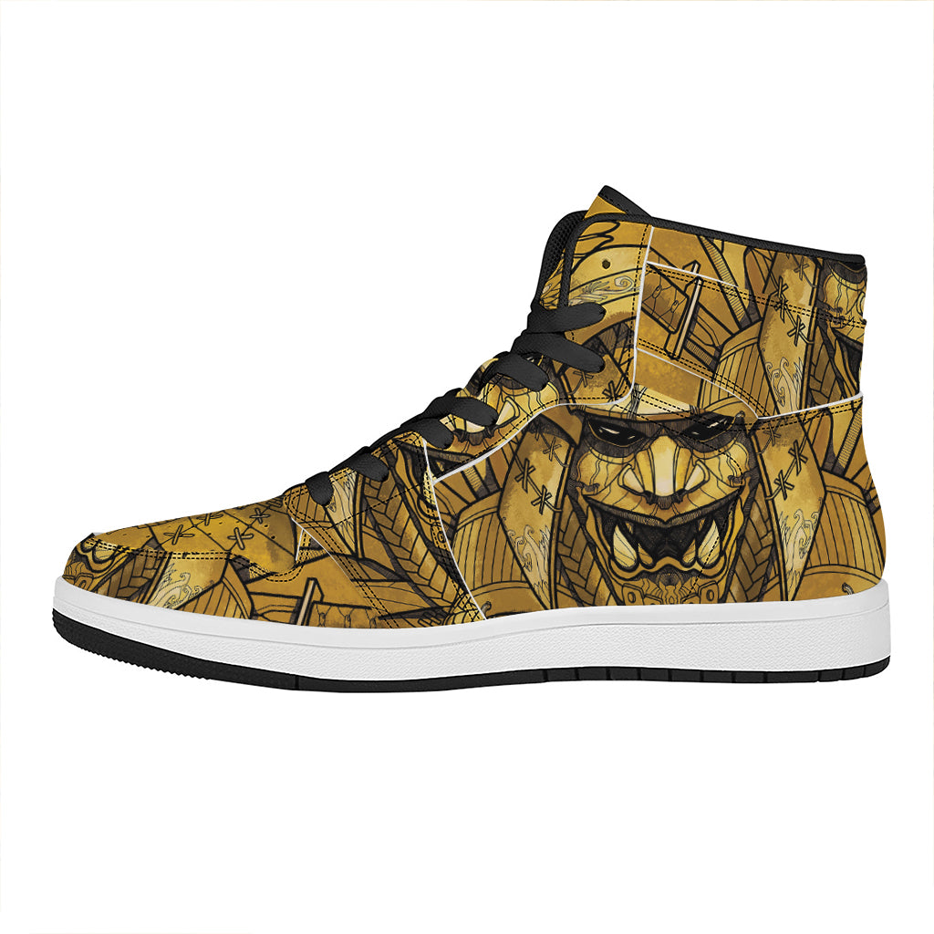 Gold Samurai Mask Print High Top Leather Sneakers