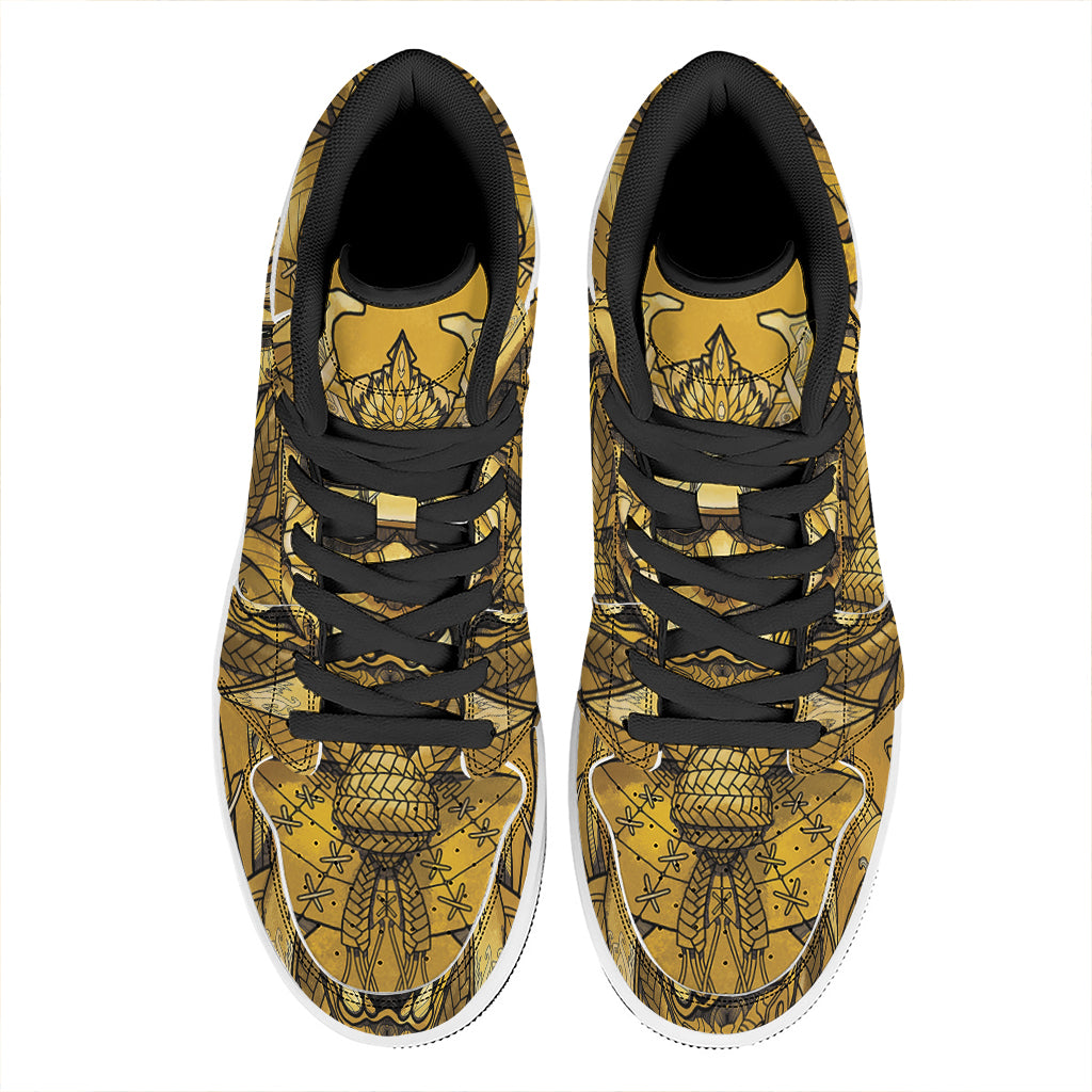 Gold Samurai Mask Print High Top Leather Sneakers