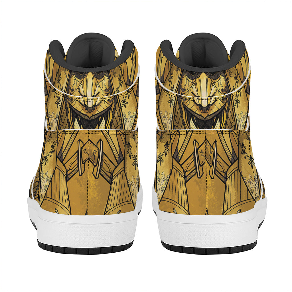 Gold Samurai Mask Print High Top Leather Sneakers