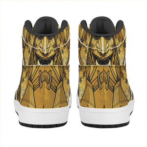 Gold Samurai Mask Print High Top Leather Sneakers