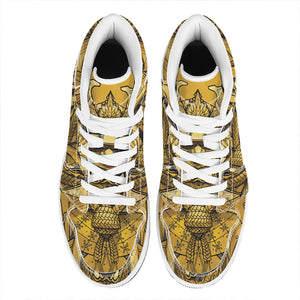 Gold Samurai Mask Print High Top Leather Sneakers