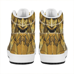 Gold Samurai Mask Print High Top Leather Sneakers