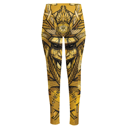 Gold Samurai Mask Print High-Waisted Pocket Leggings