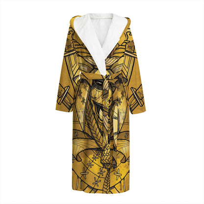 Gold Samurai Mask Print Hooded Bathrobe