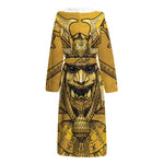 Gold Samurai Mask Print Hooded Bathrobe