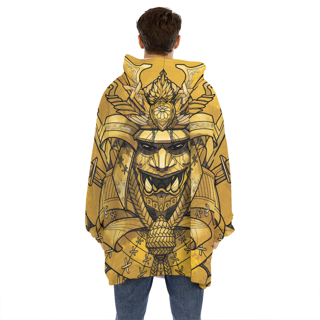 Gold Samurai Mask Print Hoodie Blanket
