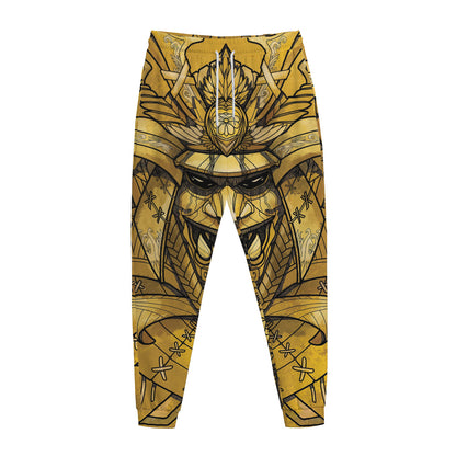 Gold Samurai Mask Print Jogger Pants