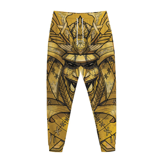 Gold Samurai Mask Print Jogger Pants