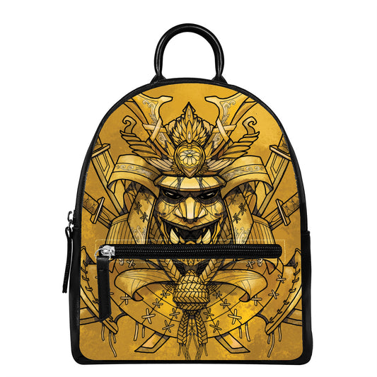 Gold Samurai Mask Print Leather Backpack