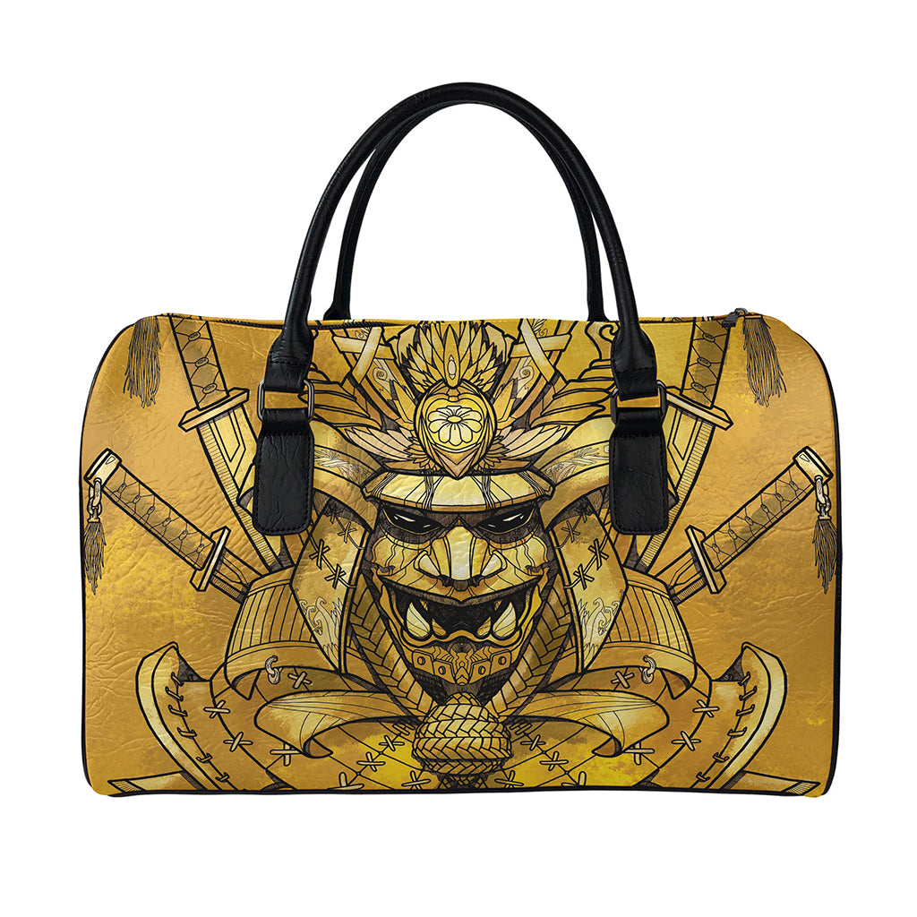 Gold Samurai Mask Print Leather Duffle Bag