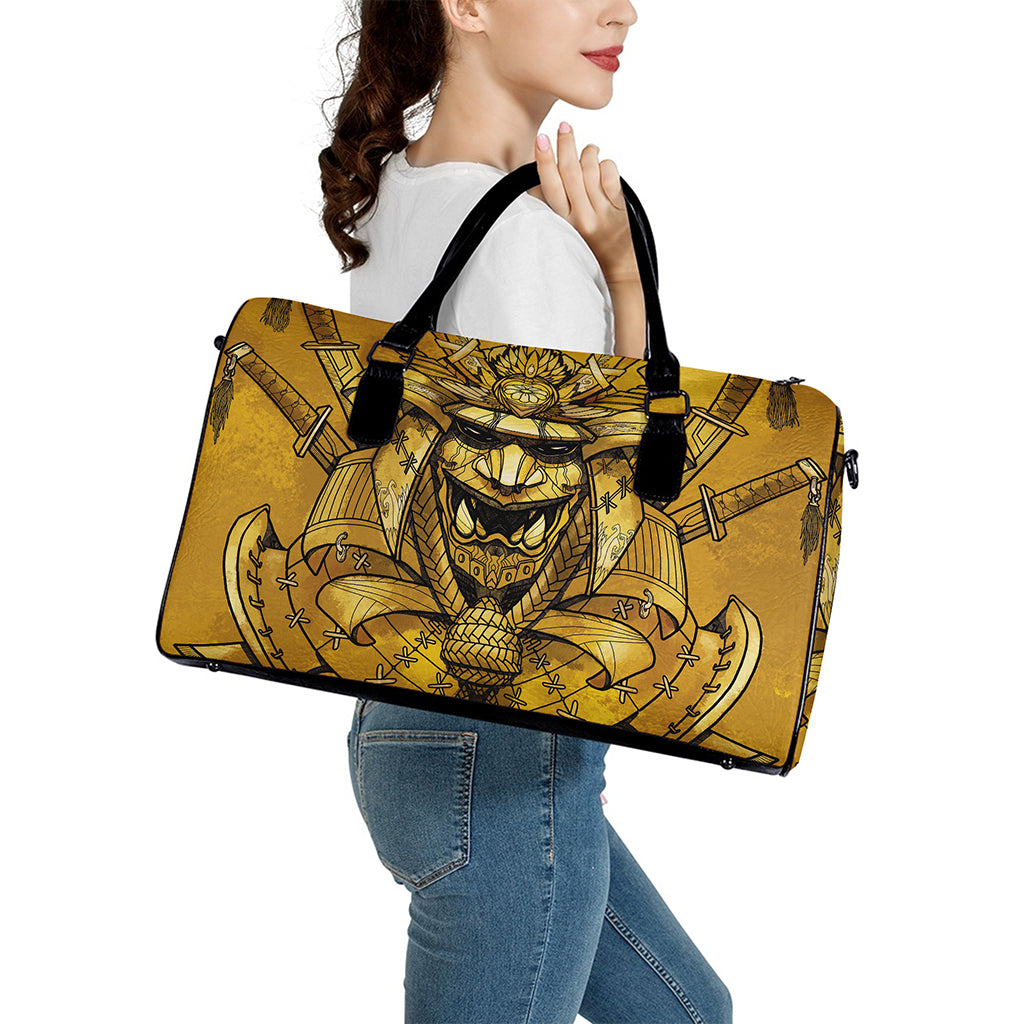Gold Samurai Mask Print Leather Duffle Bag