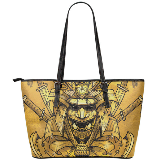 Gold Samurai Mask Print Leather Tote Bag