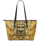 Gold Samurai Mask Print Leather Tote Bag