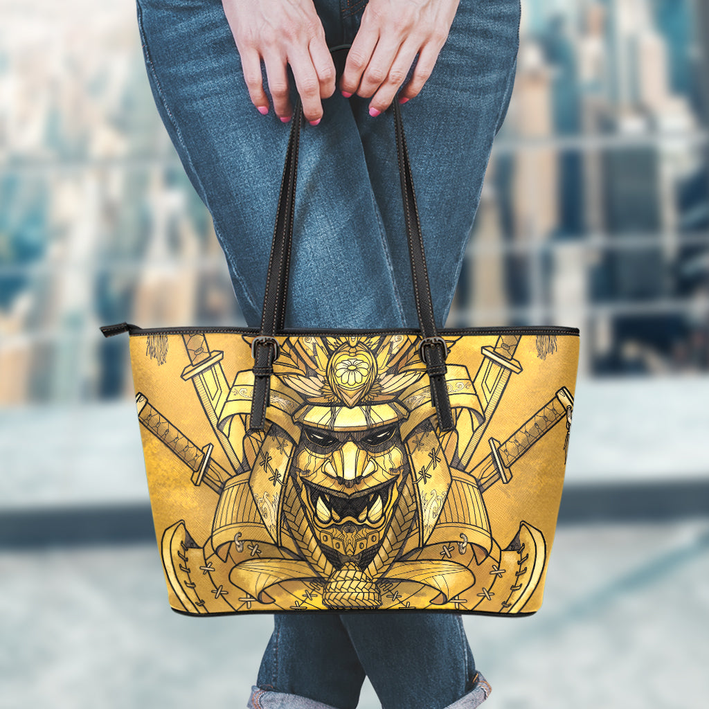 Gold Samurai Mask Print Leather Tote Bag