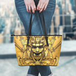 Gold Samurai Mask Print Leather Tote Bag