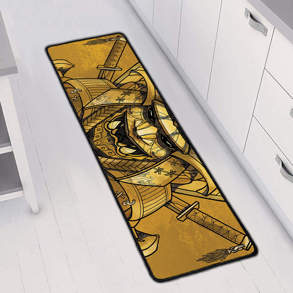 Gold Samurai Mask Print Long Kitchen Mat