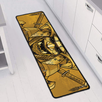 Gold Samurai Mask Print Long Kitchen Mat