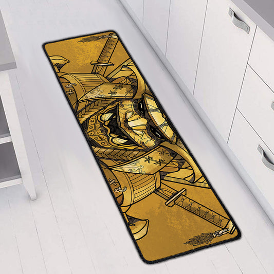 Gold Samurai Mask Print Long Kitchen Mat