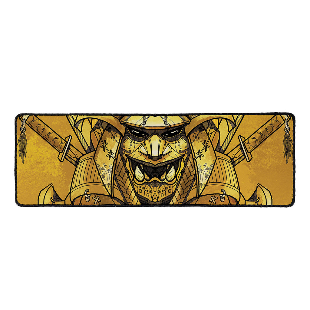 Gold Samurai Mask Print Long Kitchen Mat
