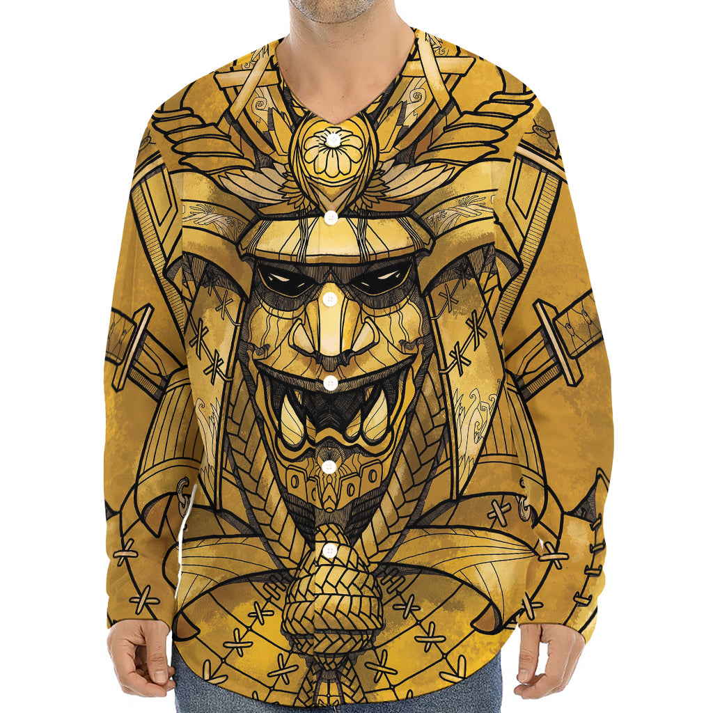 Gold Samurai Mask Print Long Sleeve Baseball Jersey