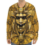 Gold Samurai Mask Print Long Sleeve Baseball Jersey