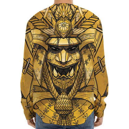 Gold Samurai Mask Print Long Sleeve Baseball Jersey