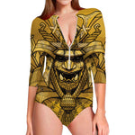 Gold Samurai Mask Print Long Sleeve Swimsuit
