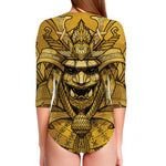 Gold Samurai Mask Print Long Sleeve Swimsuit