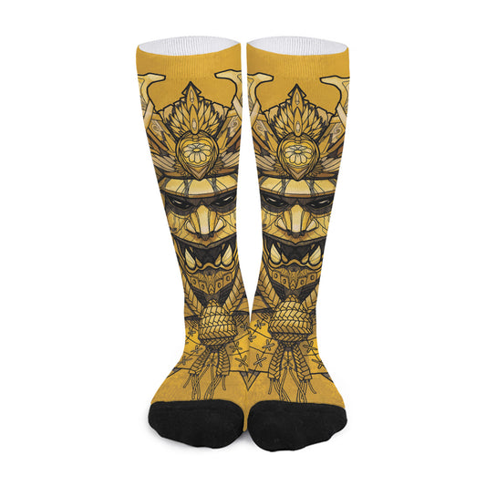 Gold Samurai Mask Print Long Socks