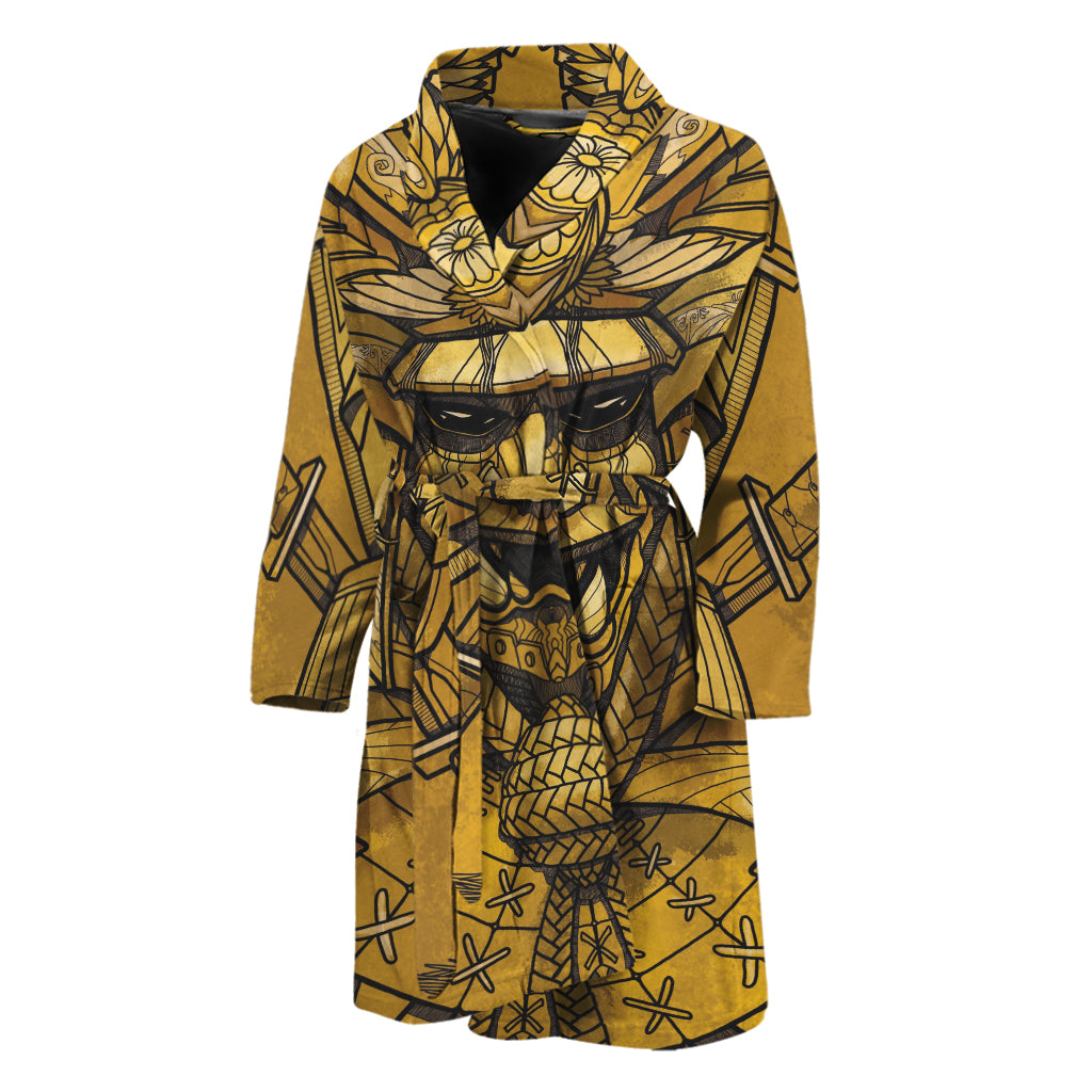 Gold Samurai Mask Print Men's Bathrobe