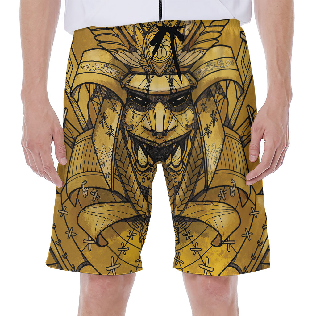 Gold Samurai Mask Print Men's Beach Shorts