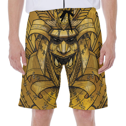 Gold Samurai Mask Print Men's Beach Shorts