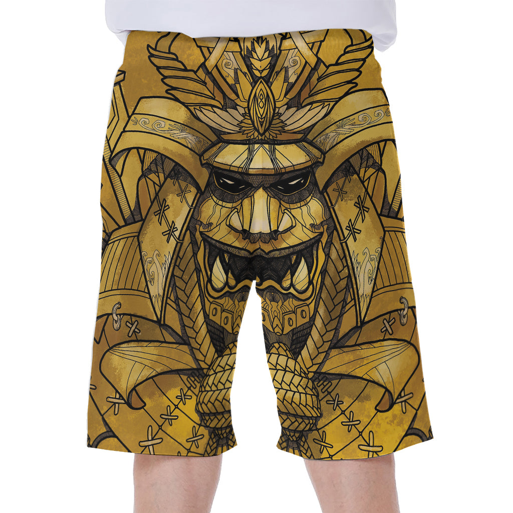 Gold Samurai Mask Print Men's Beach Shorts