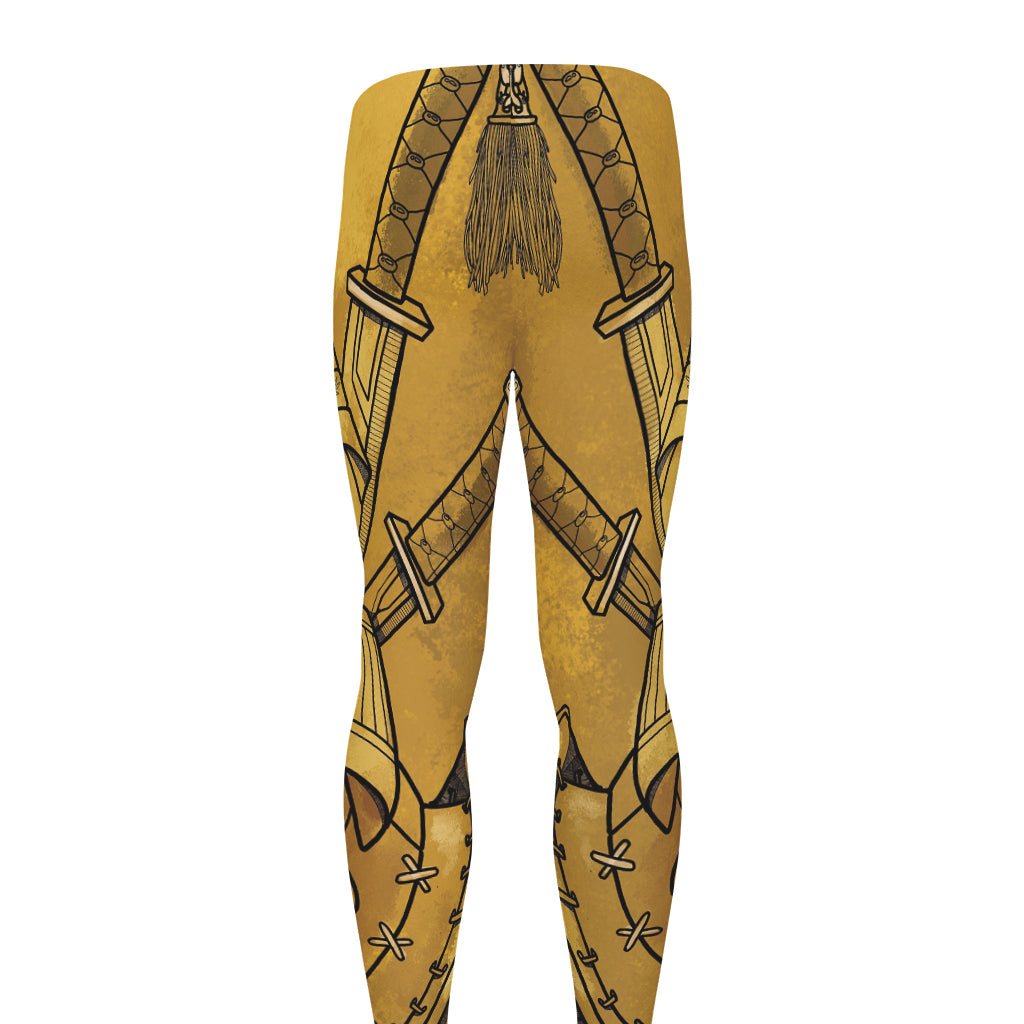 Gold Samurai Mask Print Men's leggings