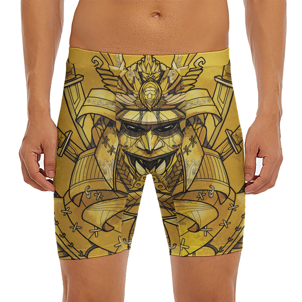Gold Samurai Mask Print Men's Long Boxer Briefs