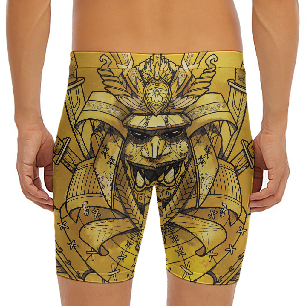 Gold Samurai Mask Print Men's Long Boxer Briefs