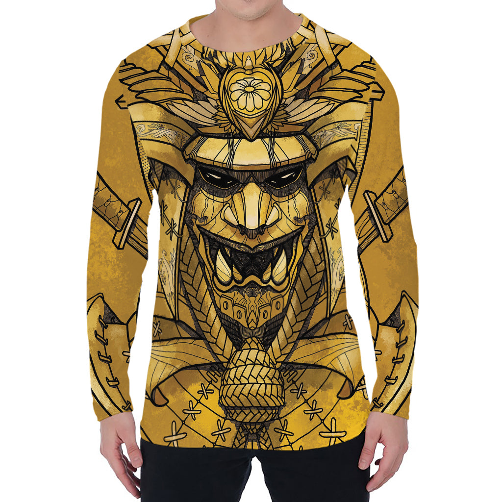 Gold Samurai Mask Print Men's Long Sleeve T-Shirt