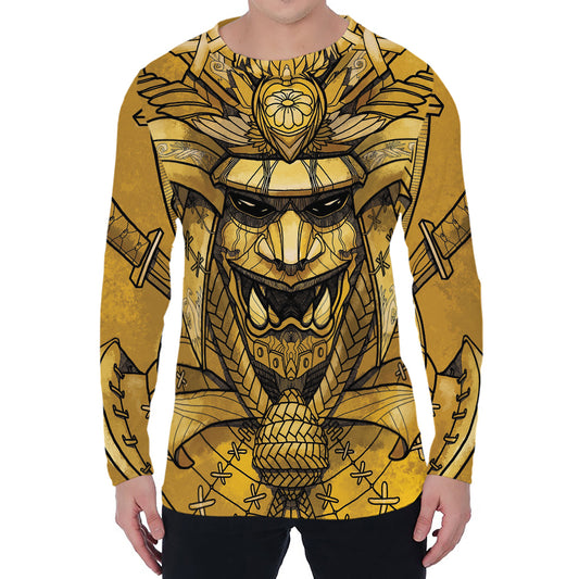 Gold Samurai Mask Print Men's Long Sleeve T-Shirt