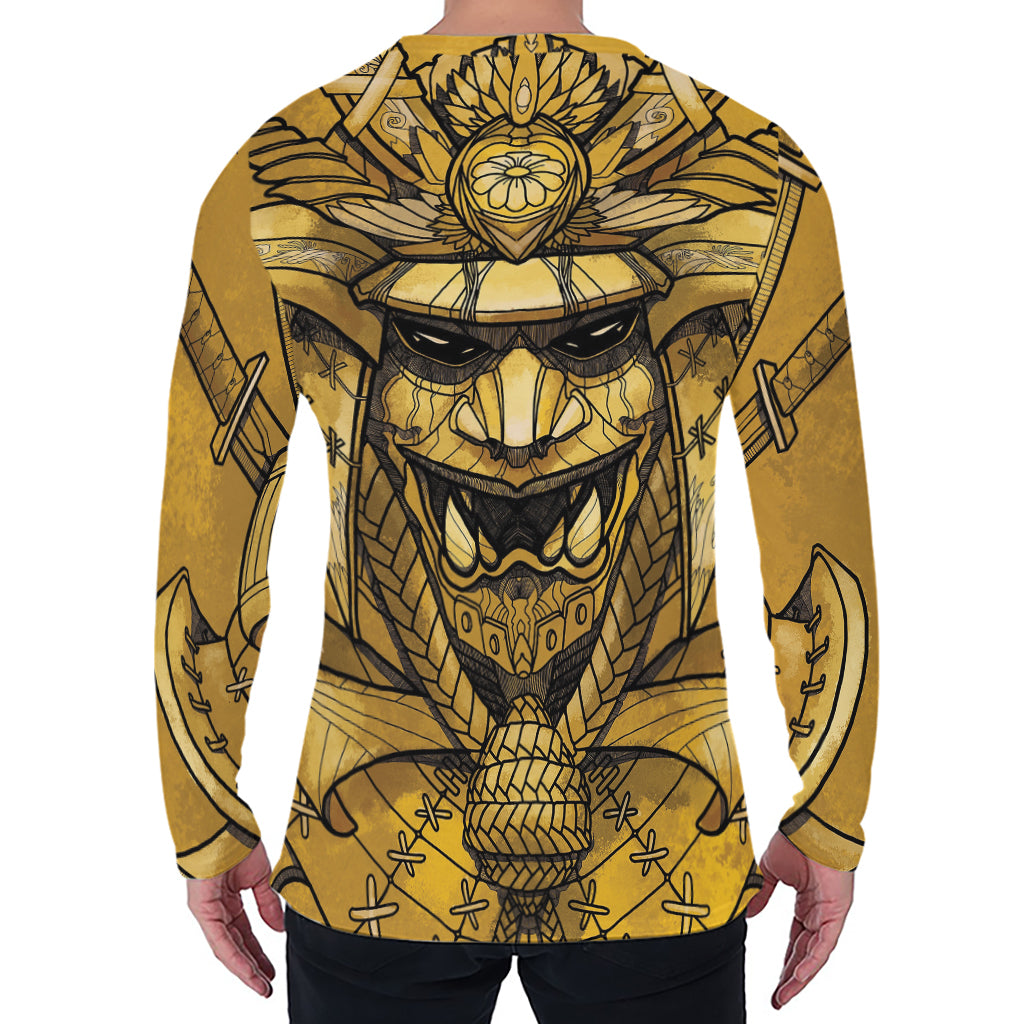Gold Samurai Mask Print Men's Long Sleeve T-Shirt