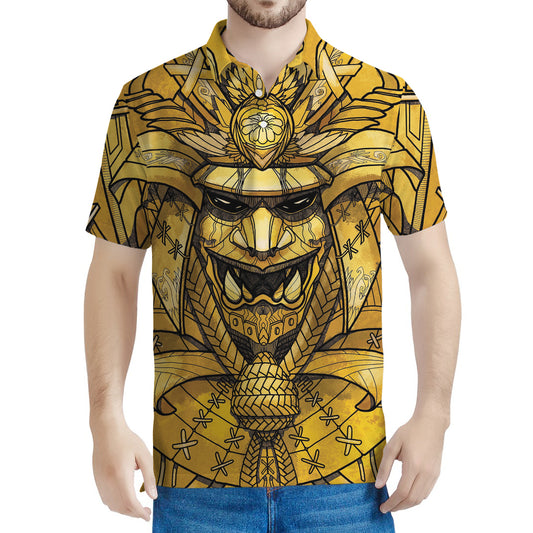 Gold Samurai Mask Print Men's Polo Shirt
