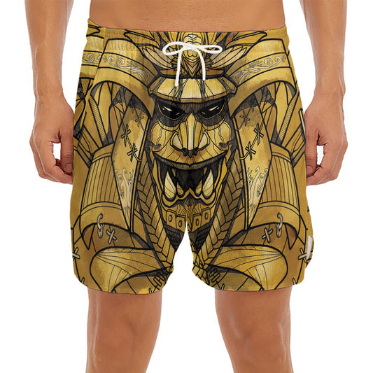 Gold Samurai Mask Print Men's Split Running Shorts