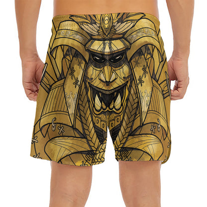 Gold Samurai Mask Print Men's Split Running Shorts