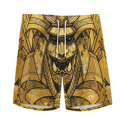 Gold Samurai Mask Print Men's Sports Shorts