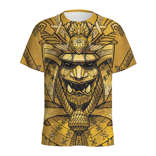 Gold Samurai Mask Print Men's Sports T-Shirt