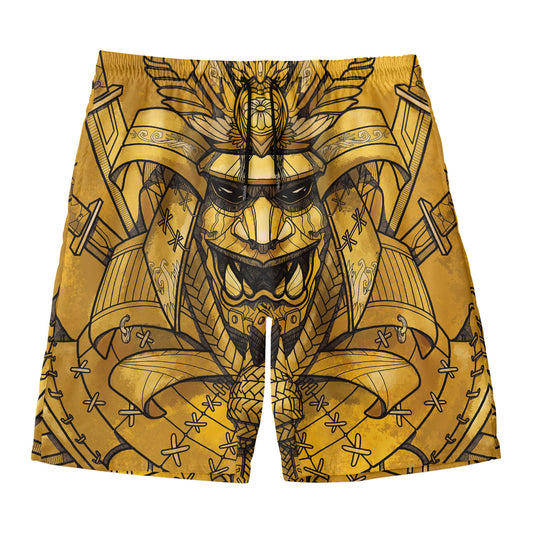 Gold Samurai Mask Print Men's Swim Trunks