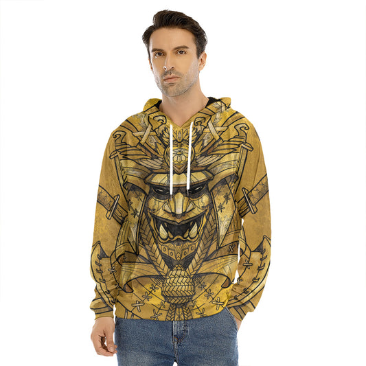 Gold Samurai Mask Print Men's Velvet Pullover Hoodie